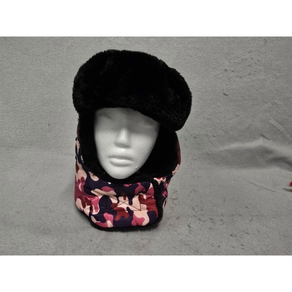 Pink Purple Camo Trapper Hat Faux Fur Lined Ear Flaps Winter Ushanka Cap Womens